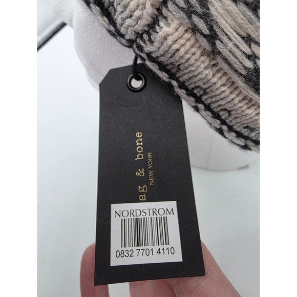 NEW ~ Rag & Bone Annalise Beanie Black White Geometric Pom Pom Wool Blend Womens - Picture 6 of 7